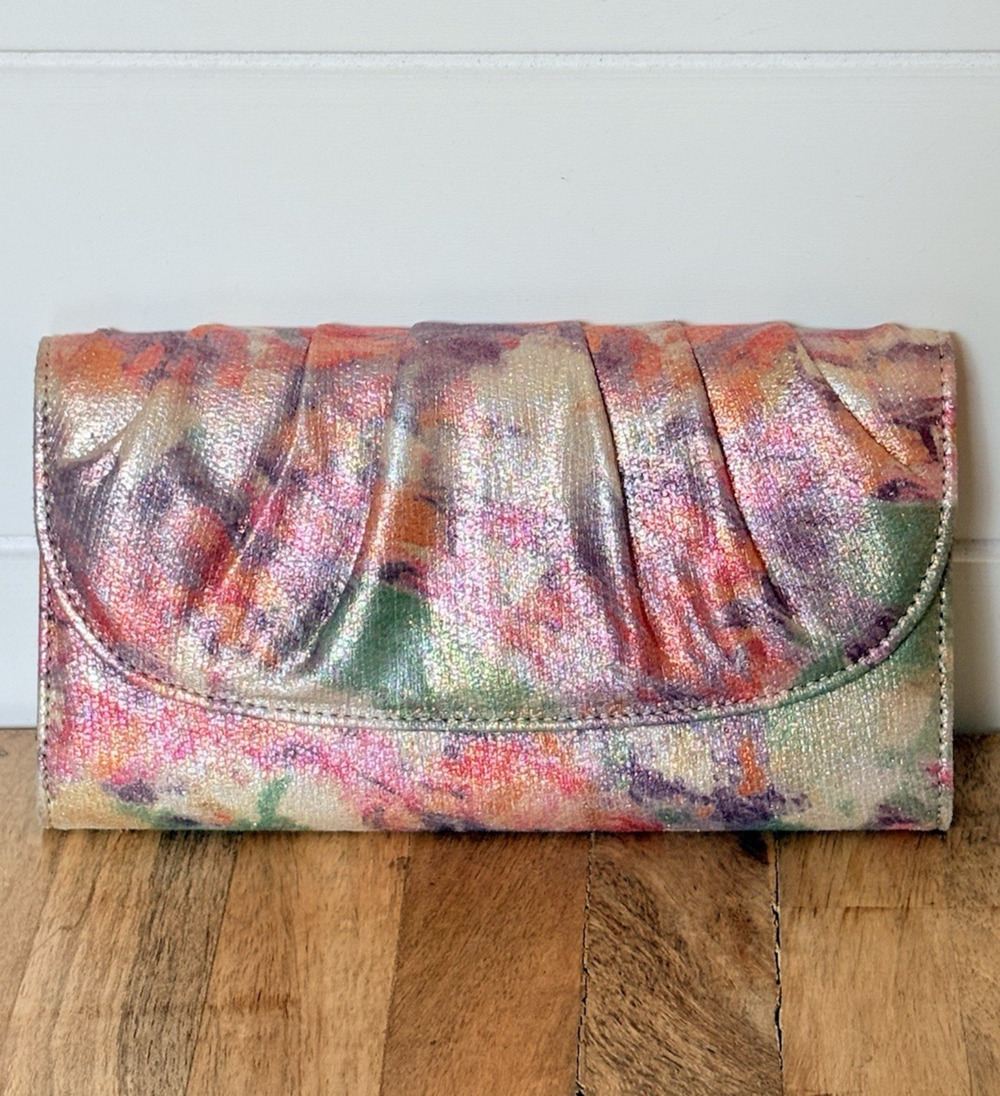 Mundi Iridescent Floral Watercolor Snap Wallet Clutch 7.25" x 4" Mermaid Shimmer
